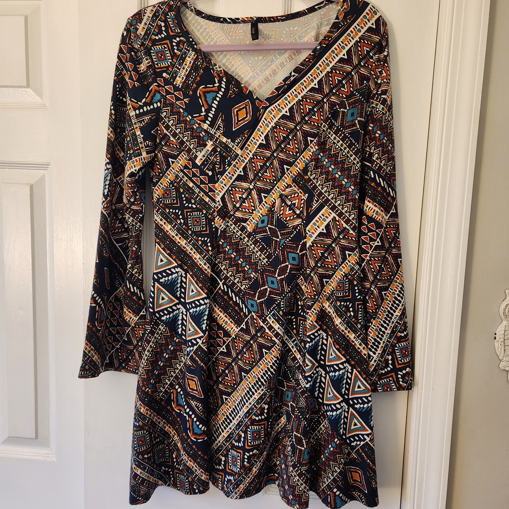 BCBG Abstract Patterned Top with Blue and Orange Accents